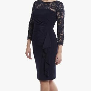 Joseph Ribkoff silky Midnight Blue lace sleeve midi Dress Excellent condition